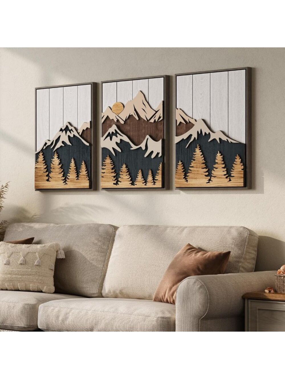 3D Wood Mountain Wall Art Set - 3 Piece Landscape Decor, 16x24 Inch Framed Art